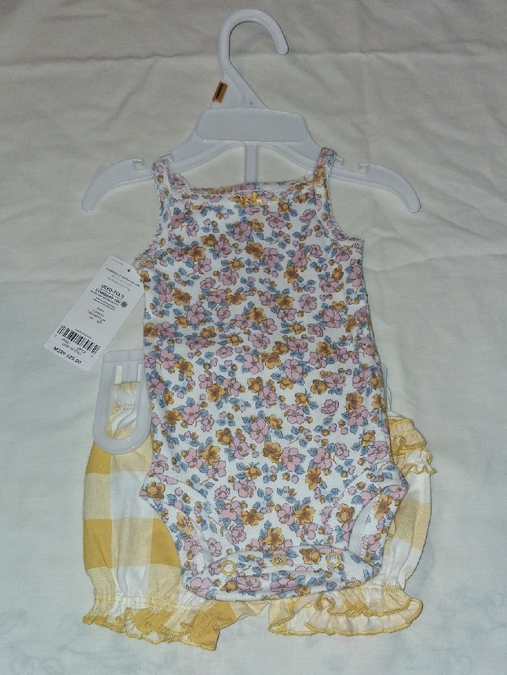 Floral Sleeveless Baby Onesie with Yellow Gingham Bloomer Set